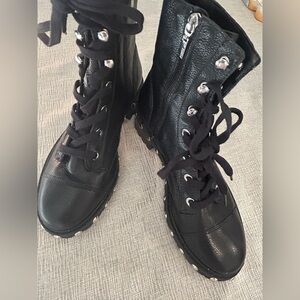 SCHUTZ Black Leather Lace-Up Combat Boots with Silver Hardware